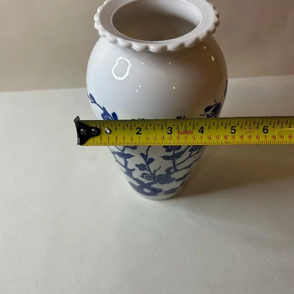 Vintage Blue and White Porcelain Bird and Floral Vase, Chinoiserie